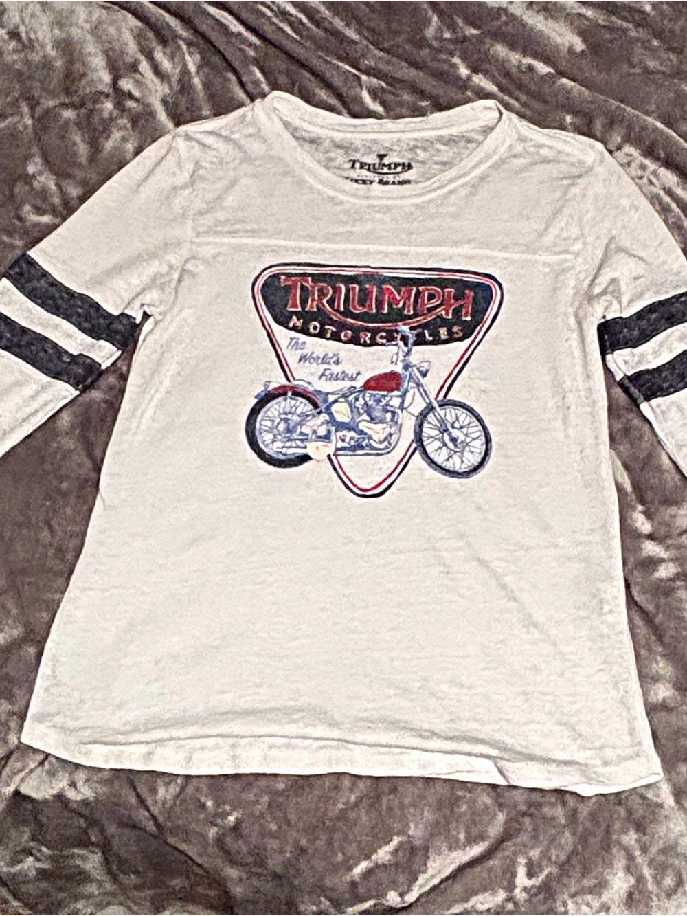 Lucky Brand White Medium Sleeve Tee with Navy Stripes and Motorcycle Graphic